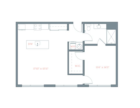 Floor plan for 1 bed, 1 bath, 830 sqft